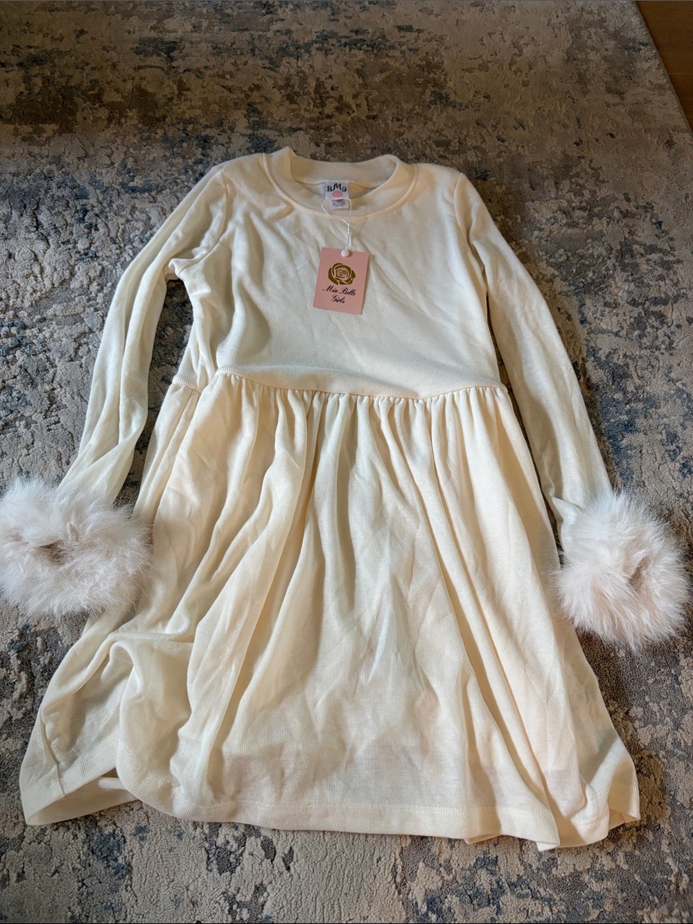 Mia Belle Girls Size 10/12 Cream Long-Sleeve Girls Dress with Faux Fur Cuffs.